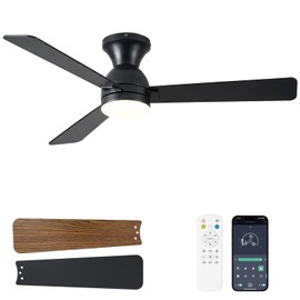 Dolavast Ceiling Fans with Lights, 48 inch Low Profile Ceiling Fan with Light and Remote Control, Flush Mount, Reversible, 3CCT, Dimmable LED, Noiseless, Black Ceiling Fan for Bedroom, Dining Room