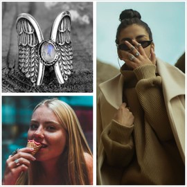 Rainbow Moonstone Ring Solid 925 Sterling Silver Gemstone Jewelry Angel Wings Moonstone Ring Sterling Silver Teardrop Moonstone Ring Minimalist Statement Band Vintage Bohemian Ring Size 6-10 (9)