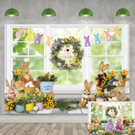 Spring Easter Backdrop for Photography Rabbit Bunny Window Garden Colorful Eggs Easter Garland Background Kids Baby Shower Birthday Party Decor Banner Photo Background (7X5FT (210x150cm))