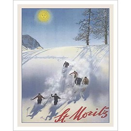 Vintage Ski World St Moritz Skiers in 1930's Travel Ad Ski Poster - 22 x 28 inches, Available in 2 Sizes
