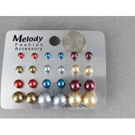 12 Pr Earrings Faux Pearl Bead Ball Stud Post Graduated Grey Brown Gold Red Blue Adorable Statement Jewelry Earrings for Women