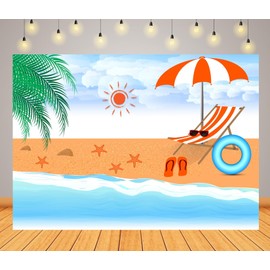 Loccor 5x4ft Fabric Summer Beach Backdrop Seashore Landscape Beach Umbrella and Chair Background Hawaiian Holiday Birthday Party Decorations Photo Props