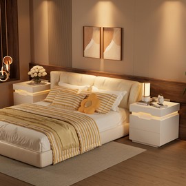 YESHOMY LED Nightstands Set of 2 with Charging Station and Sliding Top, Side Table with Large Capacity, Bedside Table with 2 Drawers, Modern Endtable for Bedroom, Pure White