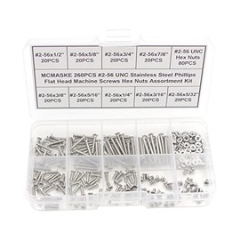 Juego surtido de 260 tornillos de cabeza plana Phillips #2-56 UNC de acero inoxidable #2-56