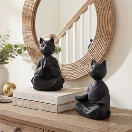 Meditating Cat Bookends, Zen Style Decorative Cat Statue Bookends, Heavy Resin Book Ends for Shelves, Desk & Home Decor (Black)