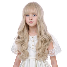Edivd Children Light Blonde Wig Long Blonde Wig with Bangs for Girls Kids Wavy Curly Wigs Heat Resistant Synthetic Wigs with Cap