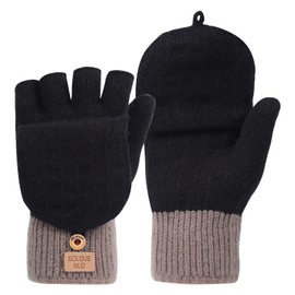Winter Fingerless Gloves for Women Men, Touch Screen Thermal Converter Mittens Flip Knitted Gloves (Black)