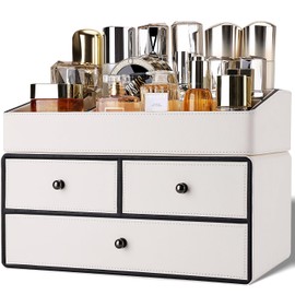 GORESE Leather Makeup Organizer with Drawers for Vanity, Stackable Skincare Holder Dresser Organizer Countertop, Make Up Storage Organizers Counter Cosmetic Display Case Gifts for Women(Cream White)