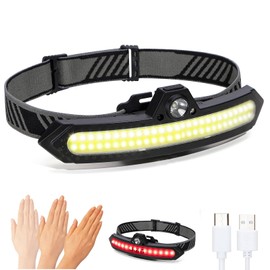 Cussity Rechargeable LED Headlamp Super Bright, IPX4 Waterproof Lightweight Head Light with Motion Sensor for Adult, 6 Modes COB Head Flashlight with White+Red Lights for Camping/Fishing/Running