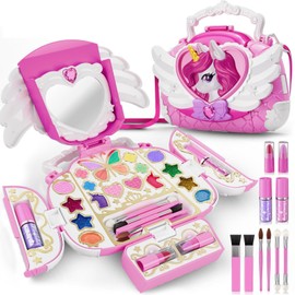 Unicorn Kids Makeup Kit with Mirror & Strap, Real Washable Cosmetic Set, All-in-1 Cute Unicorn Make Up Purse, Princess Toy Birthday Gifts for 3 4 5 6 7 8 9 10 11 12 Year Old Girls Age 3-4 4-6 6-8 8-10