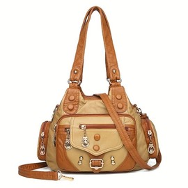 Vintage Design Hobo Shoulder Bag, Classic Zipper Shoulder Bag With Rivets Decor, Casual Handbag - Color: Khaki