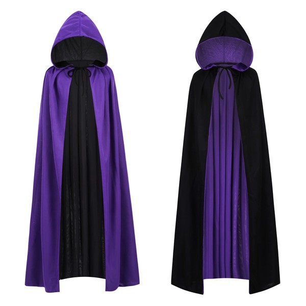 maxToonrain Reversible Black & Purple Cape for Adults, Easter Halloween Christmas Cloak Fancy Dress Vampire Witch Wizard Role Play Cloak (150CM,Hooded)