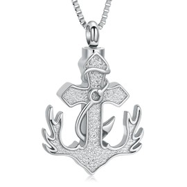 Cross Urn Necklace for Ashes of Loved One Deer Antler Anchor Memorial Cremation Jewelry Fish Hook Funeral Keepsake Ash Pendant(Silver)