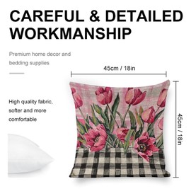 Pink Tulip Throw Pillow Covers Buffalo Plaid Linen Pillow Cases 18x18 Inch Square Cushion Pillowscover Modern Farmhouse Decor for Sofa Bedroom Living Room Car