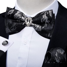 DiBanGu Men's Black Silver Bow Tie Pre-tied Floral Bowtie Set Pocket Square Cufflinks