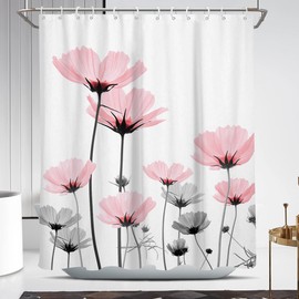 Coxila Pink Floral Shower Curtain Spring Flower Girly White Black Gray Grey Cute Rustic Country Daisy Vintage Botanical Pastel Preppy Wildflower Bathroom 60 x 72 Inch Polyester Fabric 12 Pack Hooks