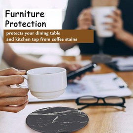Leather Coasters Set of 6 with Holder- Protect Furniture from Water Marks & Damage, PU Leather Drink Coasters Cup Mat (Black Marbling)