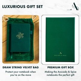 Dotted Notebook A5 Bullet Planner by Avocado and Spice® with Gift Box & Velvet Bag - A5 Dotted Notebook with Bullet Paper - Bookmark, Elastic Strap, Pen Holder, 200 Thick Pages (Green, Dotted)