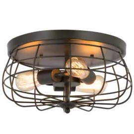 Merra 15 in. Industrial 3-Light Oil Rubbed Bronze Metal Cage Flush Mount