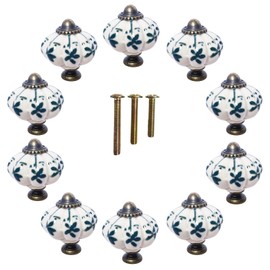 Eledabra Ivory & Green Pumpkin Knobs Ceramic Cabinet Knobs Vintage Drawer Pulls - Antique Dresser Pulls with Screws - Green Flower 10 PCS