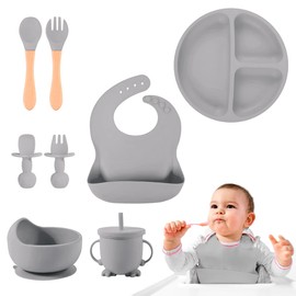 Raganet, Juego de Platos y Cubiertos para Bebé de Silicona, Set de 8 Piezas Libres de BPA, Babero, Plato, Tazon y Cubiertos, Seguros y Resistente (Gri