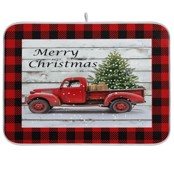 Kcldeci Merry Christmas Dish Drying Mat for Kitchen Counter,Red Truck