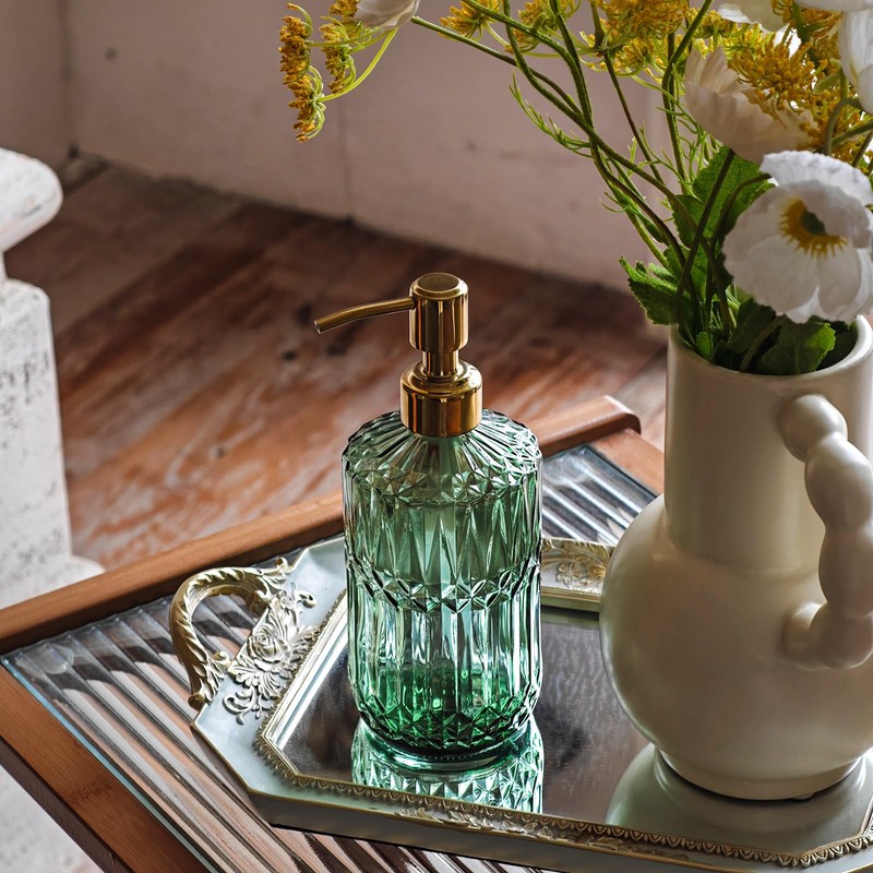 JASAI 18Oz Green Glass Soap Dispenser with Gold Rust Proof