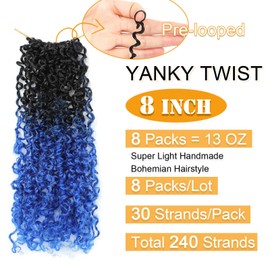 Aksice 8 Inch 8 Packs Yanky Twist Crochet Hair for Women Pre-looped Mini Twist Hair Bohemian Passion Twist Crochet Hair Boho Crochet Braids Synthetic (1B/Blue)