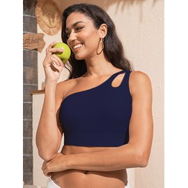 Aderea Womens Swim Tops Push Up Bikini Tops Navy Blue Bathing Suit Top Full Coverage Swim Bra One Shoulder Swimsuit Swimwear Top