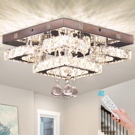 CXGLEAMING 11.8" Dimmable Crystal Chandelier Modern Crystal Ceiling Light Fixture LED Flush Mount Crystal Chandeliers for Living Room Bedroom Closet Kitchen (Remote Control)