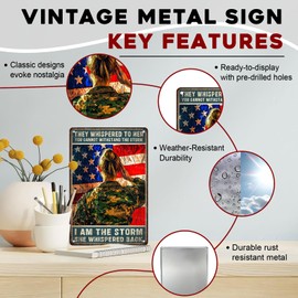 ARTWALLURE They Whispered to Her I Am the Storm Metal Tin Sign Military Woman Wall Art Rustic Retro Decor Patriotic Home Office Barracks Style Plaque 8x12inch