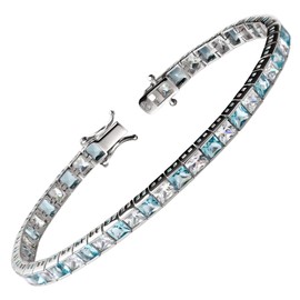 Franki Baker 925 Sterling Silver Beautiful Blue Princess Cut Aquamarine & Diamond CZ Tennis Bracelet. Length: 19cm
