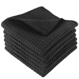 6 Pack Microfibre Drying Towels, Super Absorbent and Washable Waffle Dish Cloth, Microfibre Kitchen Dish Tea Towel, Soft Barista Towels, Black, 20 x 20cm No Lint Quick Dry Cleaning Cloth