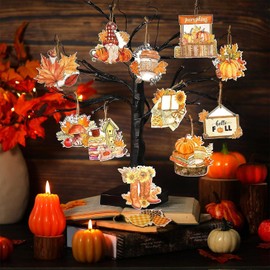 36 Pcs Fall Wood Ornaments Thanksgiving Decor for Tree Hello Fall Harvest Hanging Ornament Vintage Autumn Pumpkin Gnome Leaf Truck Wood Cutouts with Rope for Home Holiday (F)