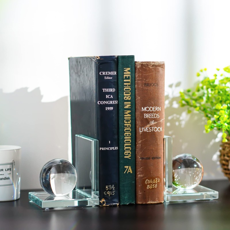 1 Pair Crystal Bookends with Crystal Ball Decorative Ornaments,L Shape