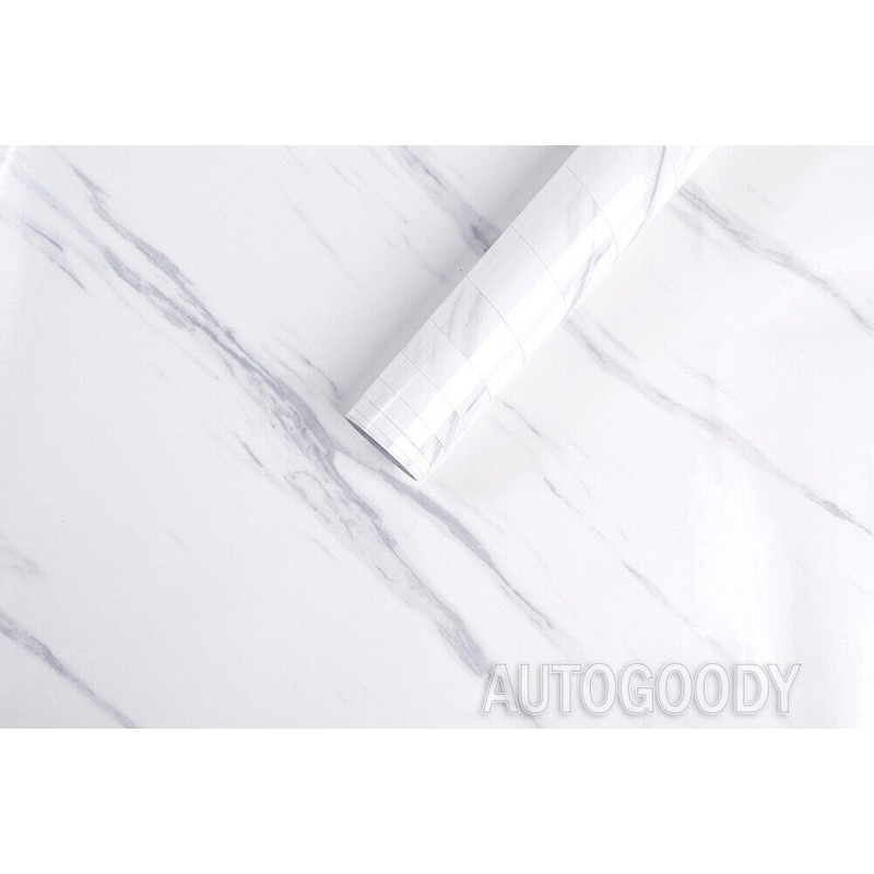 AutoGoody 4ft x 30ft Gloss White Marble Granite Stone Wallpaper