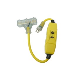 Southwire TRC 26020008-6 12/3 Gauge Shockshield GFCI Protected In-line Tri-Cord Set with 3-Outlets; 2-Feet; 15-Amp; Yellow