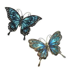 Liffy Metal Butterfly Graden Wall Art Decor, 2 Pack 12" Hanging Glass Butterfly Ornaments Fence Decorations for Outdoor Home,Yard, Patio,Shed