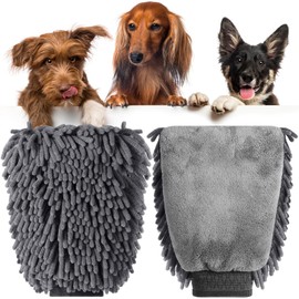 Teenyyou 2 Pcs Dog Dry Bath Gloves Chenille Microfiber Pet Hair Washing Gloves Paw Cleaning Mitts Dog Bath Supplies for Cats Rabbits and Horses Suitable for Long/Short/Poodle Fur(Grey)