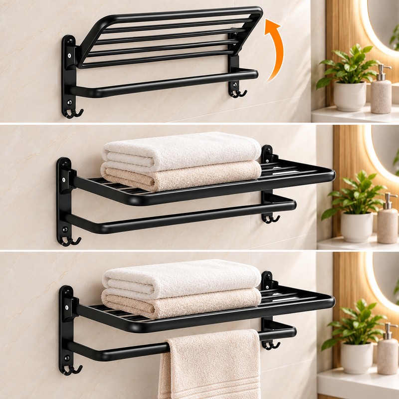 Foldable Wall Mount Towel Rack with Hooks – Black Steel