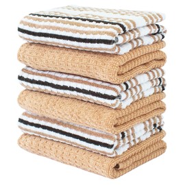 CRAFTSWORTH Kitchen Towels, 15 x 26 Inches, Pack of 6, 400 GSM, 100% Ring Spun Cotton, Solid & Stripe Tan Dish Towels Super Soft and Absorbent, Tea Towels and Bar Towels