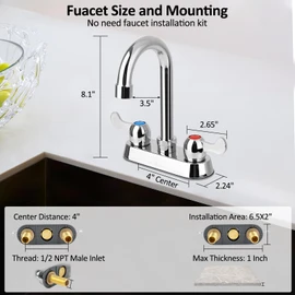 KWODE 4" Center Commercial Bar Sink Faucet, 2-Hole Deck Mount Utility Sink Faucet with 3-1/2" Gooseneck Swivel Spout & Dual Lever Handles for Laundry Tub RV Bar Sink, Brass Constructed, Chrome