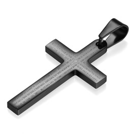 Flongo Men's Vintage Stainless Steel Black Cross Spanish Bible Lords Prayer Pendant Necklace, 22 inch Chain