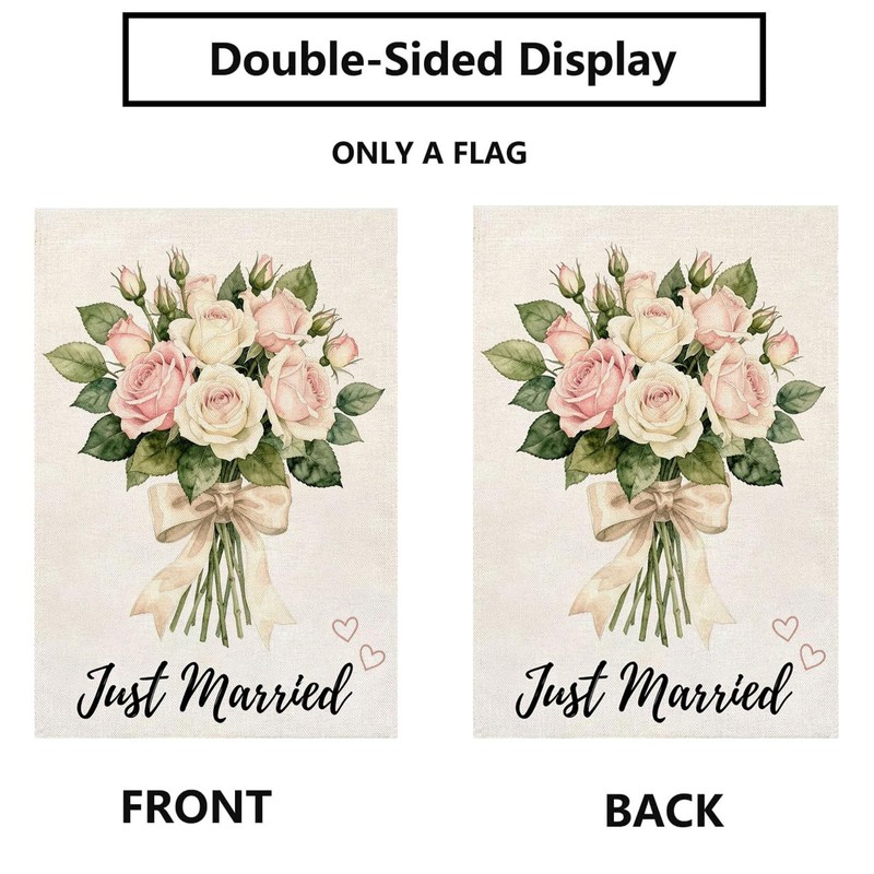 Just Married Wedding flower Garden Flag 12x18 Inch Burlap Double