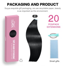 SUYYA Tape-In Real Hair Extensions, Invisible Tape-In Extensions, Real Hair, Silky Straight, Remy Tape Hair Extensions, Real Human Hair, 26 Inches / 65 cm, 20 Pieces, 60 g, #1 Deep Black