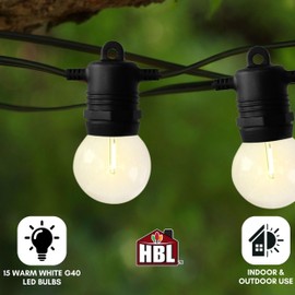 Holiday Bright Lights Belle Luci G40 String Lights 15-Bulb Set, 15FT Bistro LED Bulbs Warm White with 12-Inch Spacing for Outdoor Patio