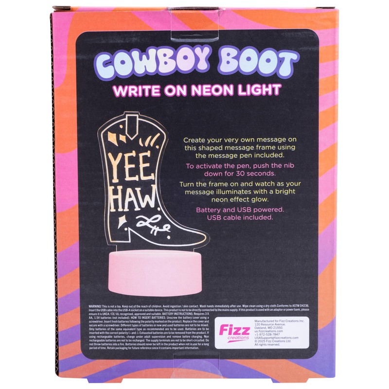 Fizz Creations Cowboy Boot Write On Neon Light. USB-Powered Write