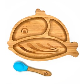 KLEINER FUCHS High Quality Bamboo Plate with Suction Cup, Non-Slip Suction Cup with Matching Baby Spoon Makes Meals Fun, Bamboo Tableware Set with Gift Box - Learn to Eat with Fish Design