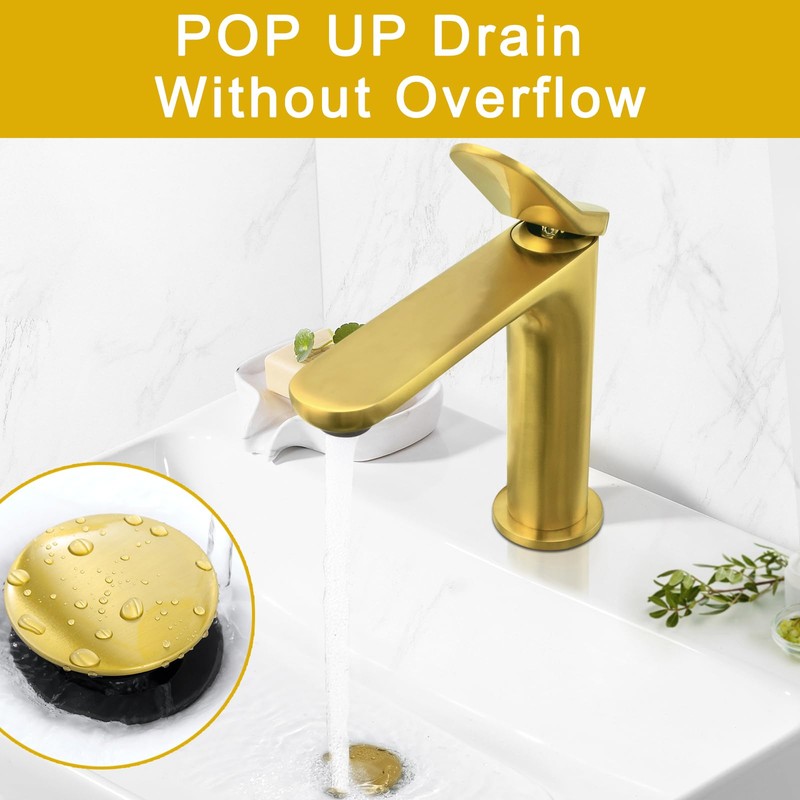 Bathroom Sink Drain without Overflow Brushed Gold, ABS Pop up