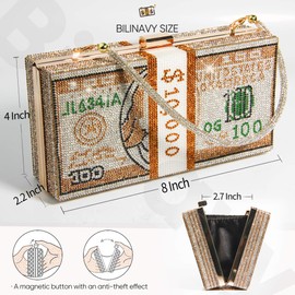 Money Clutch Purses for Women, Stack of Cash Dollars Crystal Clutch Purses, Gold, S